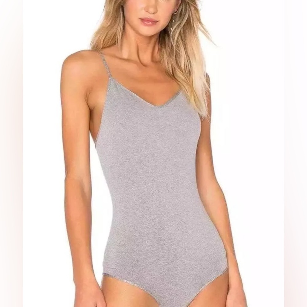 Free People Heather Gray Ribbed V-Neck Bodysuit